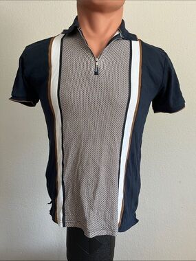Denim & Flower Navy Short-Sleeve Zip Polo with Cream & Brown Center Panel